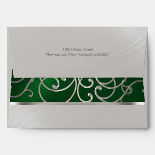 Quinceanera Emerald Green Silver Filigree Swirls Envelope