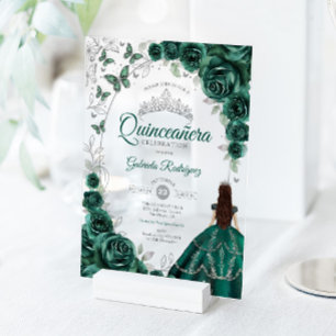 Quinceanera Emerald Green Silver Floral Acrylic Invitations