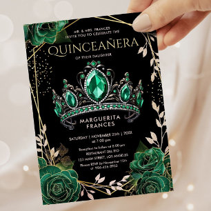 Quinceañera Emerald Green Tiara Floral Elegant Invitation
