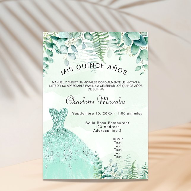Quinceanera enchanted forest ferns dress invitation postcard (Creator Uploaded)