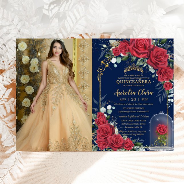 Quinceañera Enchanted Red Rose Floral Navy Blue Invitation (beautiful enchanted rose fairytale red roses cloche Quinceañera Sweet 16 birthday photo invitation)