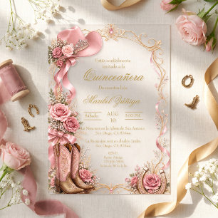 Quinceañera estilo vaquero elegante rosa y dorado acrylic invitations