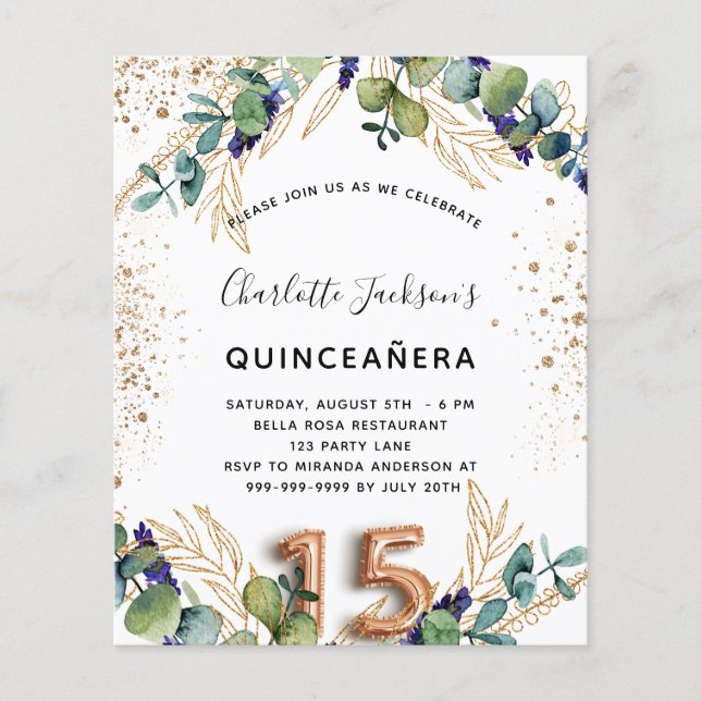 Quinceanera eucalyptus greenery budget invitation flyer (Front)