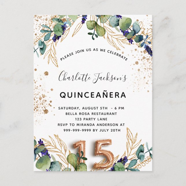 Quinceanera eucalyptus greenery glitter elegant invitation postcard (Front)