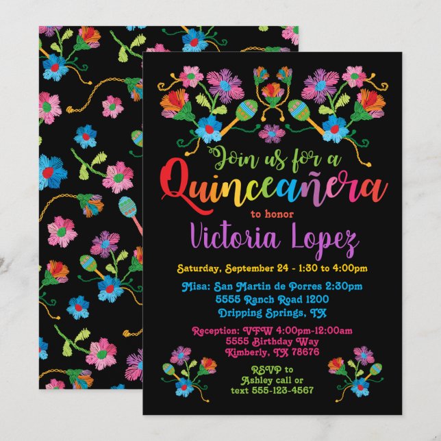 Quinceañera Fiesta Birthday Party with embroidery Invitation (Front/Back)