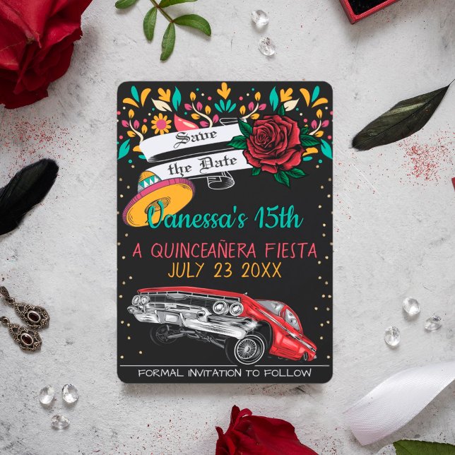 Quinceanera fiesta floral lowrider & red rose invitation (Creator Uploaded)