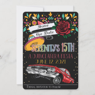 Quinceanera fiesta floral w/ lowrider & red rose invitation