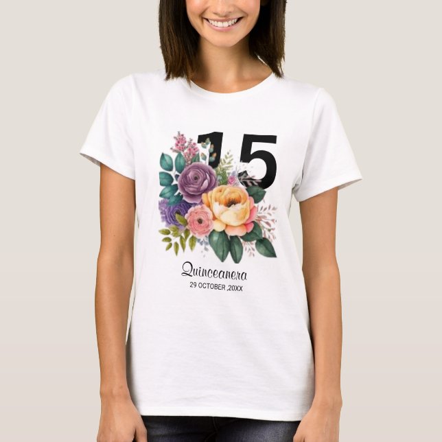 Quinceanera  Floral 15th Birthday T-Shirt (Front)