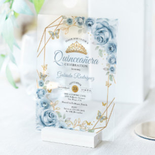 Quinceanera Floral Baby Blue Gold Acrylic Invitations
