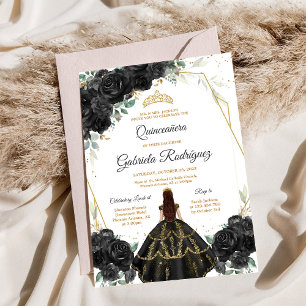 Quinceanera Floral Black Gold Invitation