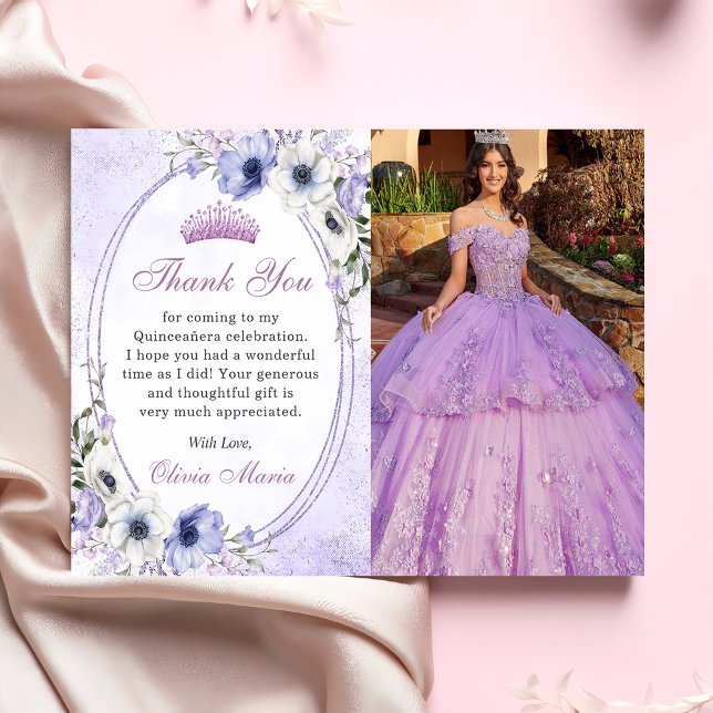Quinceañera Floral Butterflie Tiara Thank You Card (Creator Uploaded)