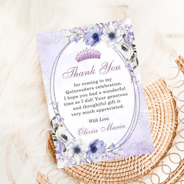 Quinceañera Floral Butterflie Tiara Thank You Card (Creator Uploaded)