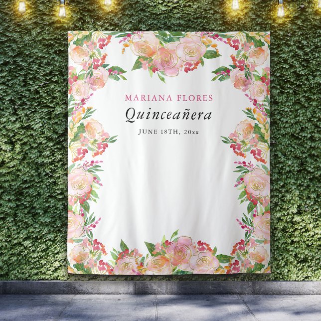 Quinceanera Floral Chic Photo Booth Backdrop Tapestry (Blush pink and gold floral party backdrop from my Floral Chic Quinceanera Collection)