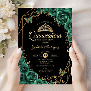 Quinceanera Floral Emerald Green Gold Black Invitation