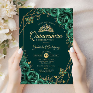 Quinceanera Floral Emerald Green Gold Invitation