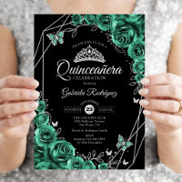 Quinceanera Floral Emerald Green Silver Black