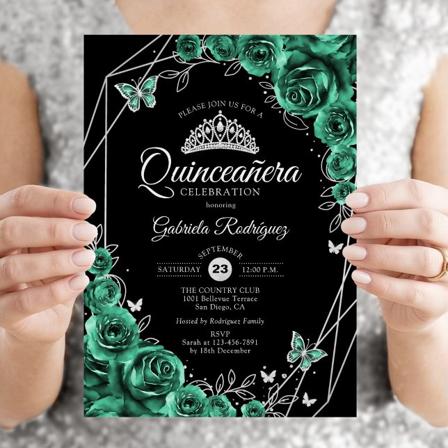 Quinceanera Floral Emerald Green Silver Black Invitation (Creator Uploaded)