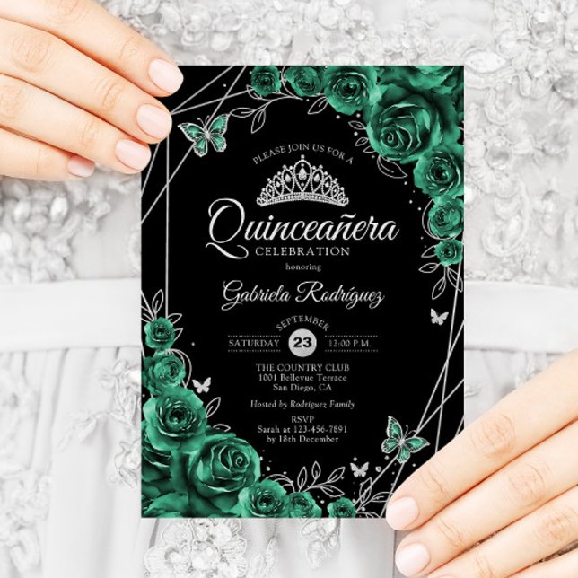 Quinceanera Floral Emerald Green Silver Black Invitation (Creator Uploaded)