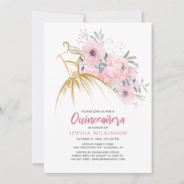 Quinceanera Floral Faux Gold Dress15th Birthday Invitation (Front)