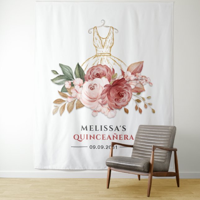 Quinceanera Floral Faux Gold Dress 15th Birthday Tapestry (In Situ)