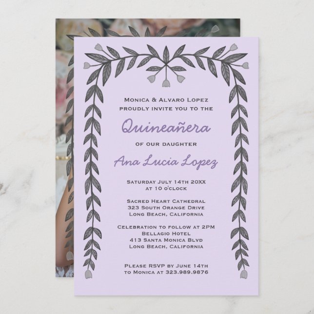Quinceañera Floral Frame Custom Photo  Invitation (Front/Back)