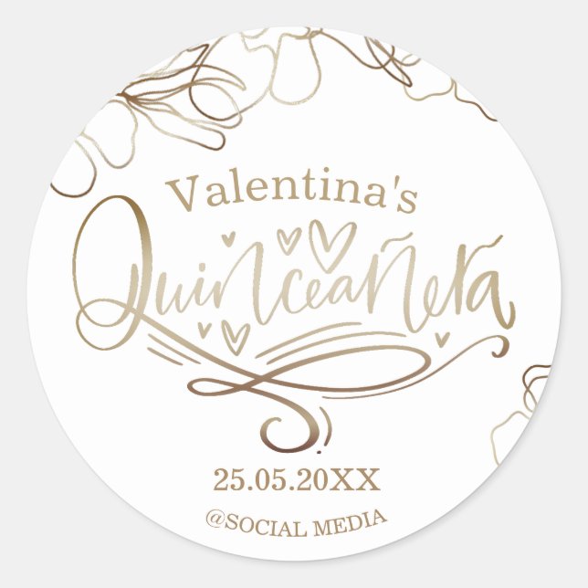 Quinceañera floral gold 15th birthday classic round sticker (Front)