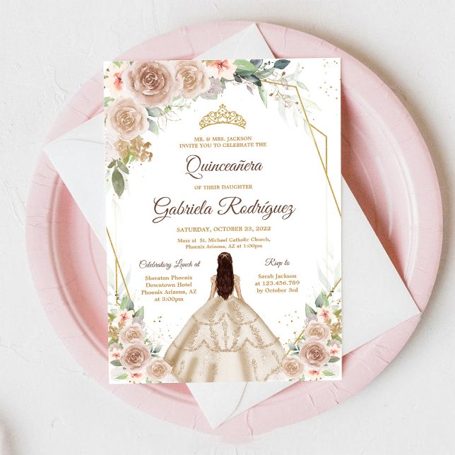 Quinceanera Floral Gold Invitation (Creator Uploaded)