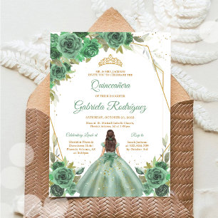 Quinceanera Floral Green Gold Invitation