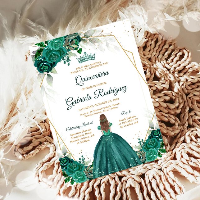 Quinceanera Floral Green Gold Invitation (Creator Uploaded)