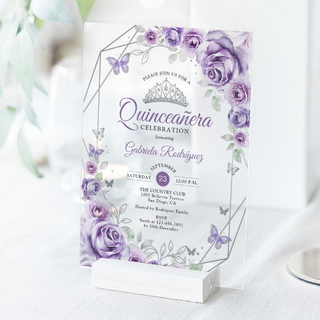 Quinceanera Floral Lilac Purple Silver Acrylic Invitations (Creator Uploaded)