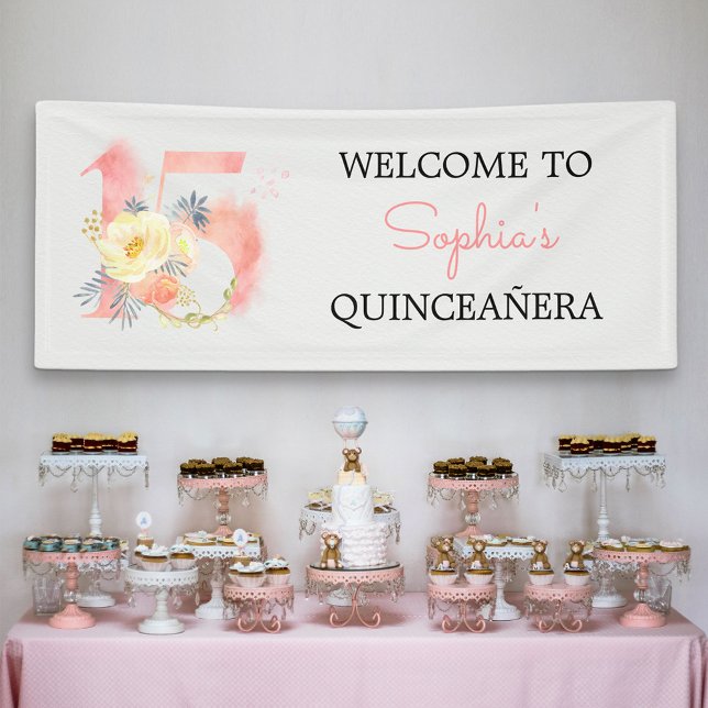 Quinceanera Floral Number 15 Personalised Birthday Banner (Creator Uploaded)