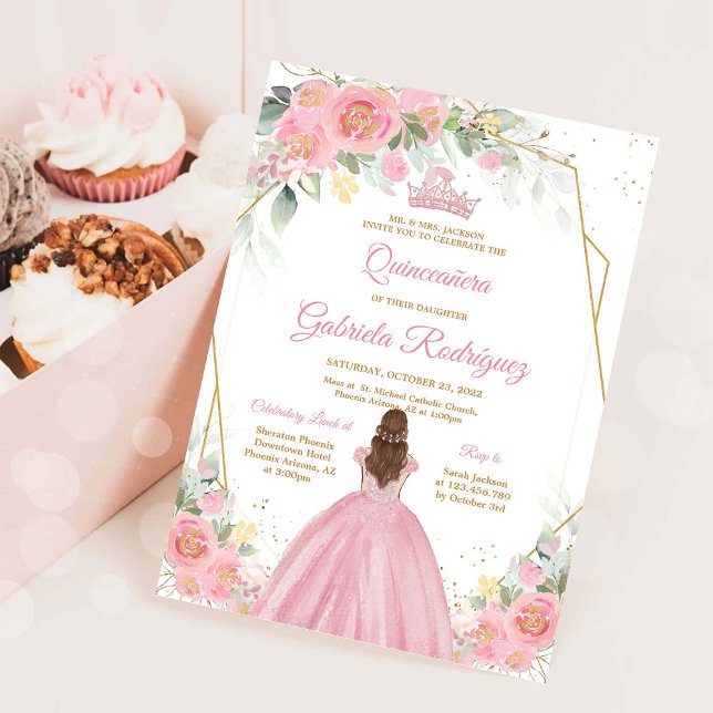 Quinceanera Floral Pink Gold Invitation (Creator Uploaded)