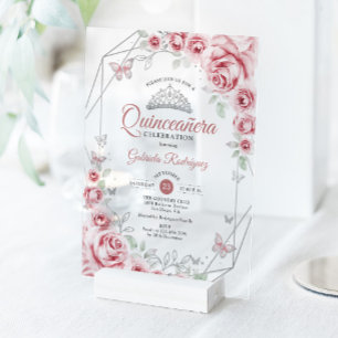 Quinceanera Floral Pink Silver Acrylic Invitations