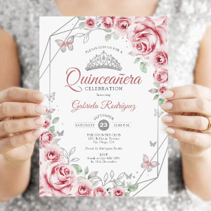 Quinceanera Floral Pink Silver Invitation
