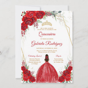 Quinceanera Floral Red Rose Gold Invitation