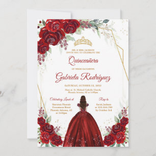 Quinceanera Floral Red Rose Gold Invitation