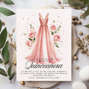 Quinceañera Floral Rose Gold Dress 15th Birthday  Thank You Card
