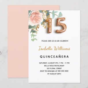 Quinceanera floral rose gold eucalyptus elegant invitation