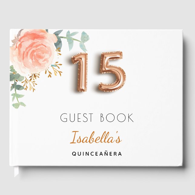 Quinceanera floral rose gold eucalyptus monogram guest book (Front)