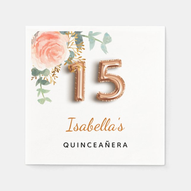 Quinceanera floral rose gold eucalyptus monogram napkin (Front)