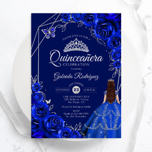 Quinceanera Floral Royal Blue Silver Dress Invitation