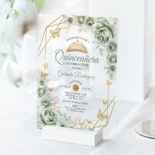 Quinceanera Floral Sage Green Gold Acrylic Invitations