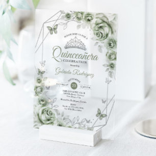 Quinceanera Floral Sage Green Silver Acrylic Invitations