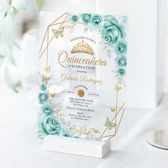 Quinceanera Floral Turquoise Gold Acrylic Invitations (Creator Uploaded)