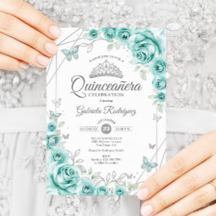 Quinceanera Floral Turquoise Silver Invitation