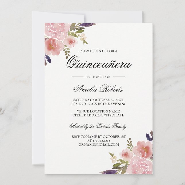 Quinceanera Floral Watercolor Peonies Pink Purple Invitation (Front)