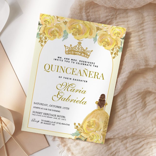 Quinceanera Floral Yellow Gold Mis Quince Anos Invitation (Creator Uploaded)