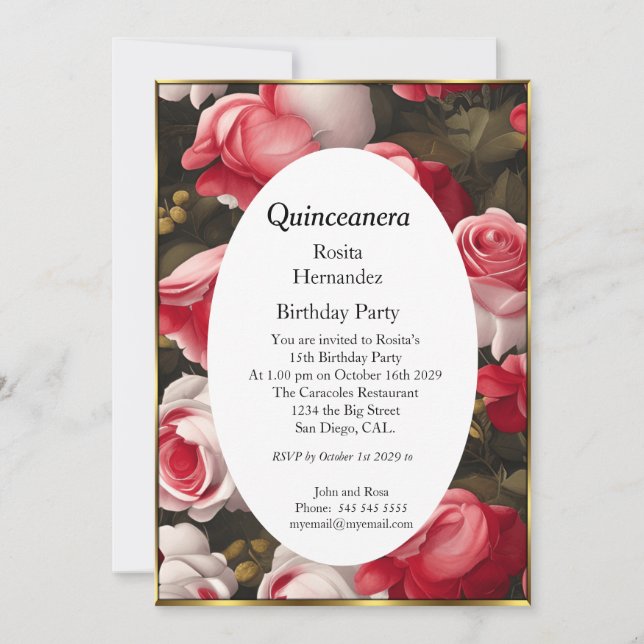 Quinceanera flowers red white roses Birthday  Invitation (Front)