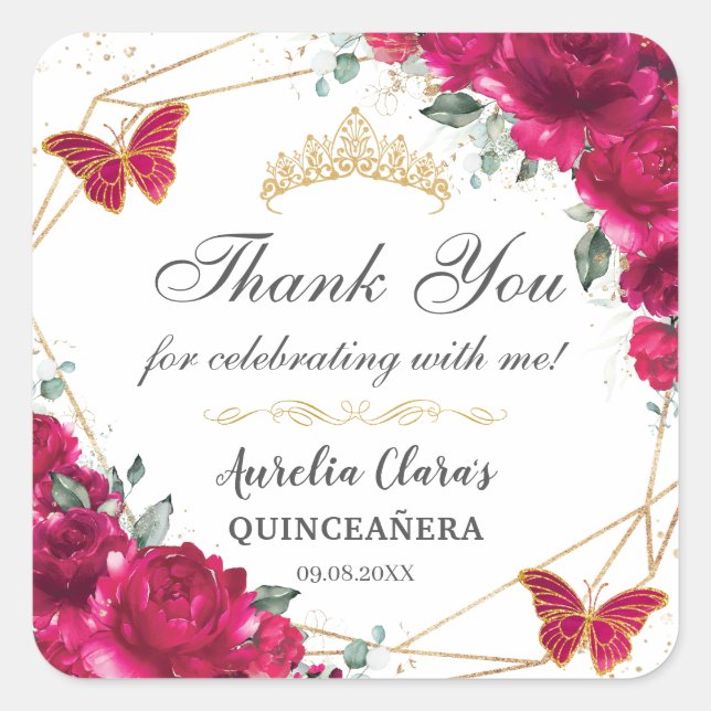 Quinceañera Fuchsia Hot Pink Floral Butterflies Square Sticker (Front)