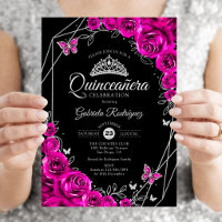 Quinceanera Fuchsia Pink Black Silver Floral